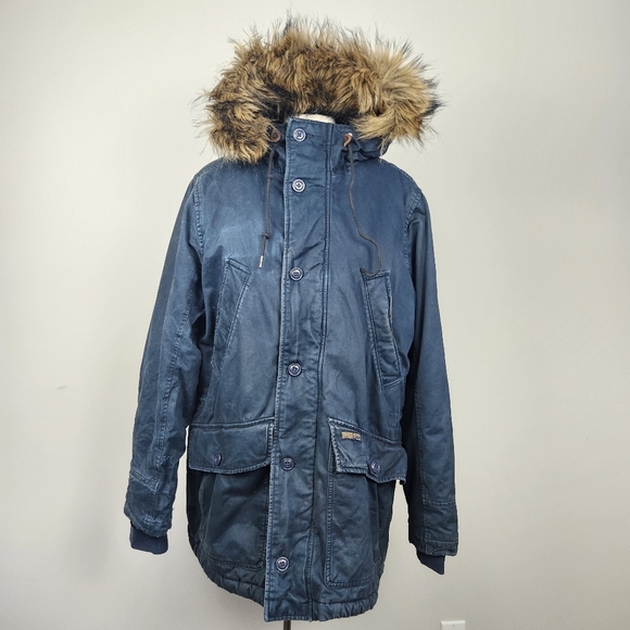 Abercrombie & Fitch VTG Y2K 2000s Men's Blue Parka Jacket Faux Fur Hood Size M - Picture 2 of 16